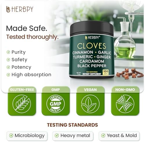 Suplemento de Clavo Herbpy 7 en 1 500mg Rico en Vitaminas y Minerales para Digestión, Inmunidad y Salud Cardiaca con Canela, Cúrcuma, Jengibre, - imagen 5