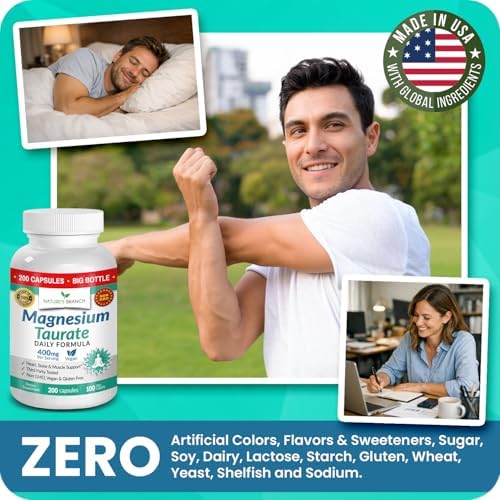 Magnesio Taurato 400mg | Alta Absorción | 200 Cápsulas para Sueño, Salud Cardiaca, Calma y Articulaciones | Suplemento Extra Fuerte para Hombres y - imagen 8
