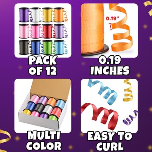 Juego de 12 Rollos de Cinta Rizada para Regalos - 3/16in x 125 Pies por Rollo - Cinta para Globos, Manualidades, Decoraciones de Cumpleaños y Bodas, - imagen 2