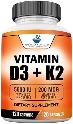 Suplementos American Standard Vitamina D3 5000 IU (125mcg) con Vitamina K2 (MK7) 200mcg por Cápsula - Sin Gluten, No GMO, 120 Cápsulas, 120 - imagen 1