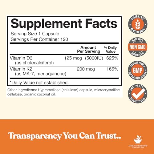 Suplementos American Standard Vitamina D3 5000 IU (125mcg) con Vitamina K2 (MK7) 200mcg por Cápsula - Sin Gluten, No GMO, 120 Cápsulas, 120 - imagen 2
