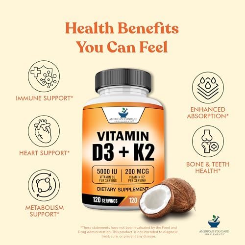Suplementos American Standard Vitamina D3 5000 IU (125mcg) con Vitamina K2 (MK7) 200mcg por Cápsula - Sin Gluten, No GMO, 120 Cápsulas, 120 - imagen 4