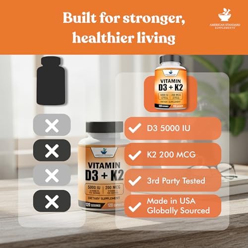 Suplementos American Standard Vitamina D3 5000 IU (125mcg) con Vitamina K2 (MK7) 200mcg por Cápsula - Sin Gluten, No GMO, 120 Cápsulas, 120 - imagen 5