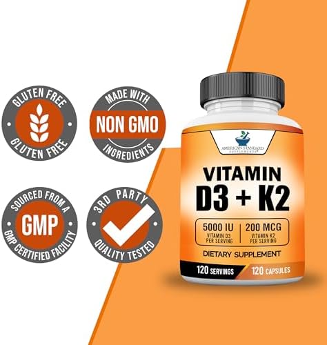 Suplementos American Standard Vitamina D3 5000 IU (125mcg) con Vitamina K2 (MK7) 200mcg por Cápsula - Sin Gluten, No GMO, 120 Cápsulas, 120 - imagen 7