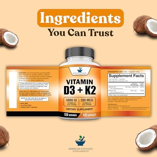 Suplementos American Standard Vitamina D3 5000 IU (125mcg) con Vitamina K2 (MK7) 200mcg por Cápsula - Sin Gluten, No GMO, 120 Cápsulas, 120 - imagen 8