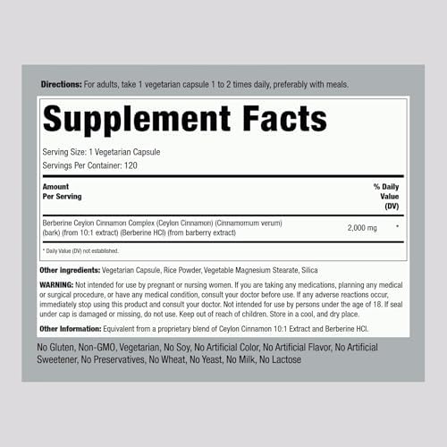 Complejo de Berberina HCI con Canela de Ceilán Piping Rock | 120 Cápsulas | Suplemento de Extracto Herbal | Vegetariano, Sin OGM y Libre de Gluten - imagen 2