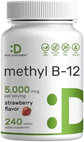 SUPLEMENTO DEAL Methyl B-12 5000 mcg, 240 Tabletas Masticables | Sabor Fresa - Apoyo Energético y Salud Cerebral - Vegetariano y Libre de OGM - imagen 1