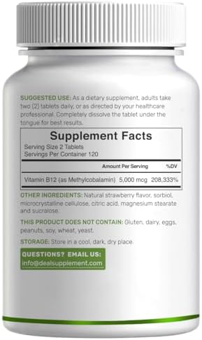SUPLEMENTO DEAL Methyl B-12 5000 mcg, 240 Tabletas Masticables | Sabor Fresa - Apoyo Energético y Salud Cerebral - Vegetariano y Libre de OGM - imagen 3