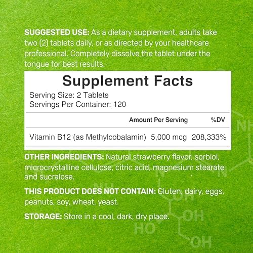 SUPLEMENTO DEAL Methyl B-12 5000 mcg, 240 Tabletas Masticables | Sabor Fresa - Apoyo Energético y Salud Cerebral - Vegetariano y Libre de OGM - imagen 4
