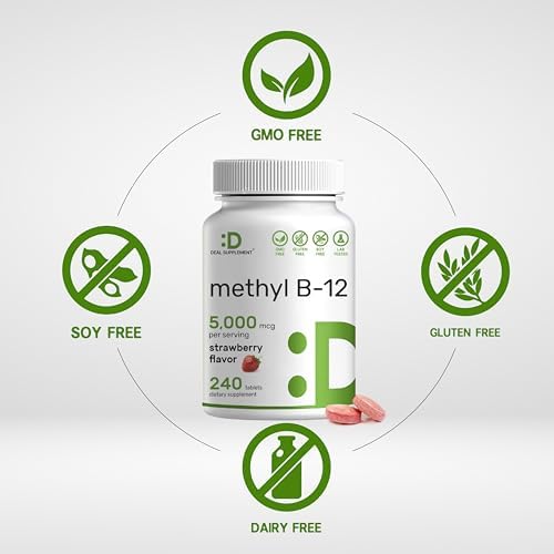 SUPLEMENTO DEAL Methyl B-12 5000 mcg, 240 Tabletas Masticables | Sabor Fresa - Apoyo Energético y Salud Cerebral - Vegetariano y Libre de OGM - imagen 5
