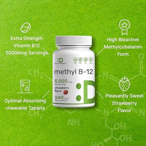 SUPLEMENTO DEAL Methyl B-12 5000 mcg, 240 Tabletas Masticables | Sabor Fresa - Apoyo Energético y Salud Cerebral - Vegetariano y Libre de OGM - imagen 6