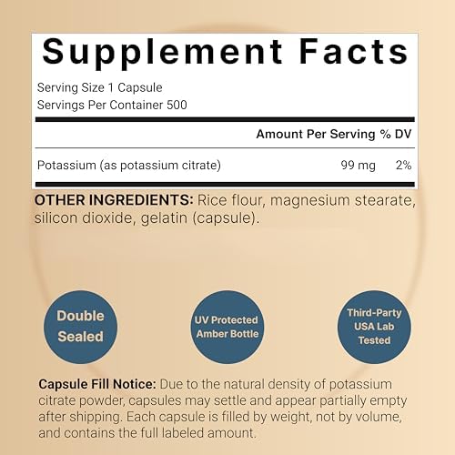 Suplemento de Citrato de Potasio 99mg, 500 Cápsulas | Minerales Quelados – Electrolito Esencial – Sin OGM, Libre de Gluten - imagen 2