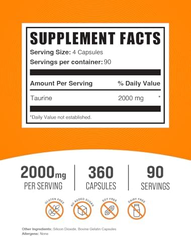Cápsulas de Taurina BulkSupplements.com - Suplemento de Taurina 2000mg, Aminoácidos para la Salud del Corazón, 4 Cápsulas de 500mg por Porción (360 - imagen 2