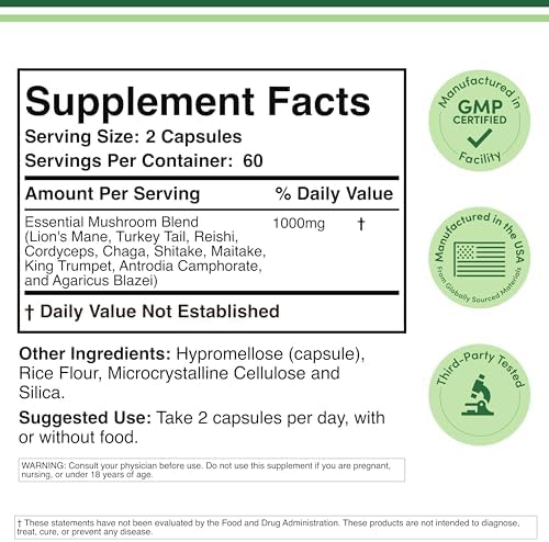 Suplemento de Complejo de Hongos Double Wood Supplements - 1,000mg - 10 Hongos Esenciales (Melena de León, Reishi, Cordyceps y Más), 120 Cápsulas - imagen 2