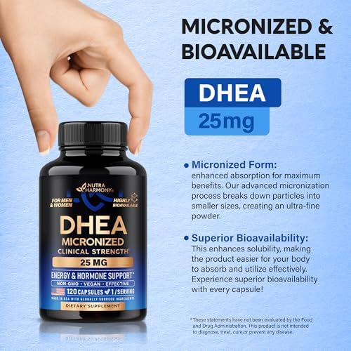 Suplemento DHEA 25mg Micronizado para Hombres y Mujeres - Apoyo a la Salud, Equilibrio Hormonal y Energía - 120 Cápsulas Veganas y NO GMO - imagen 4