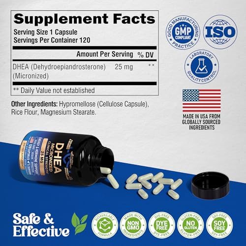 Suplemento DHEA 25mg Micronizado para Hombres y Mujeres - Apoyo a la Salud, Equilibrio Hormonal y Energía - 120 Cápsulas Veganas y NO GMO - imagen 7