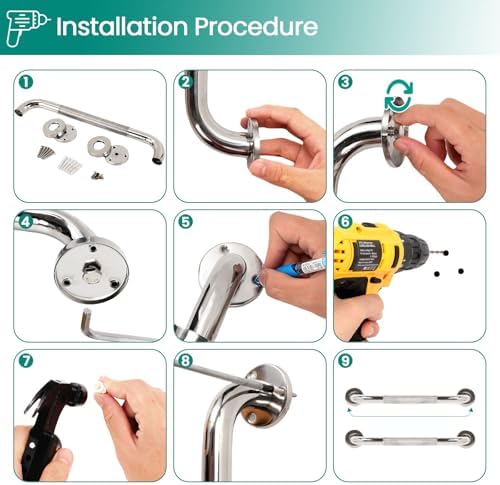 Juego de 2 barras de agarre de 16 pulgadas para bañeras y duchas, barras de seguridad para baño, soportan hasta 500 lbs, acero inoxidable, - imagen 6