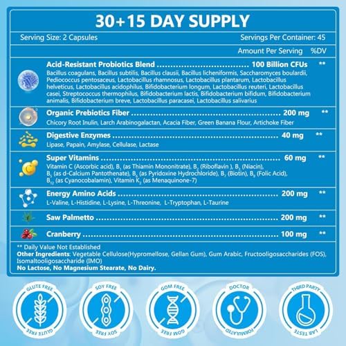 Probióticos para Hombres con Enzimas Digestivas y Prebióticos, 100 Mil Millones de CFUs, con Palma Enana y Arándano para la Salud Prostática y del - imagen 7