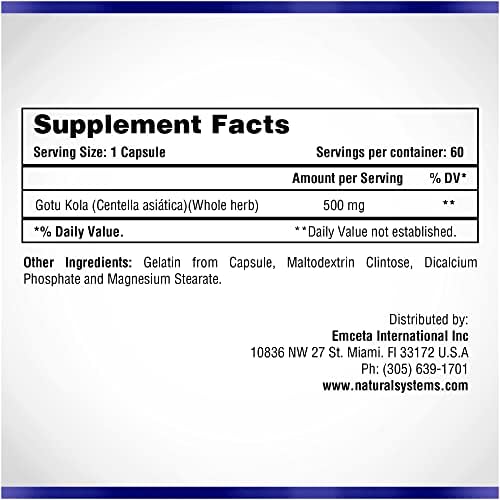 Centella Asiática 500 mg 60 Cápsulas de Natural Systems - Hierba Gotu Kola Hidratante para la Piel - Extracto Beneficioso para Calmar la Mente y el - imagen 2