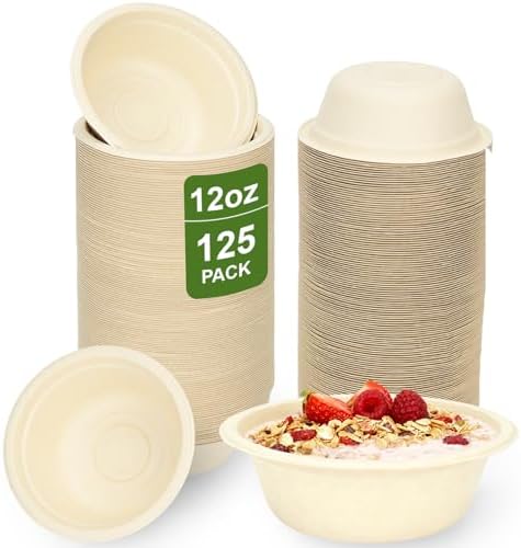 Neyimqr 125 Piezas de Tazones de Papel de 12 OZ, Tazones Desechables Compostables Naturales, Platos y Tazones Ecológicos para Comida Caliente o Fría - imagen 1