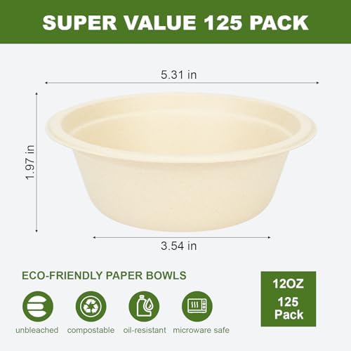 Neyimqr 125 Piezas de Tazones de Papel de 12 OZ, Tazones Desechables Compostables Naturales, Platos y Tazones Ecológicos para Comida Caliente o Fría - imagen 2