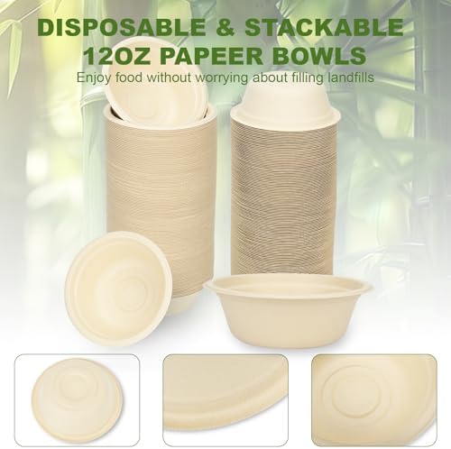 Neyimqr 125 Piezas de Tazones de Papel de 12 OZ, Tazones Desechables Compostables Naturales, Platos y Tazones Ecológicos para Comida Caliente o Fría - imagen 7