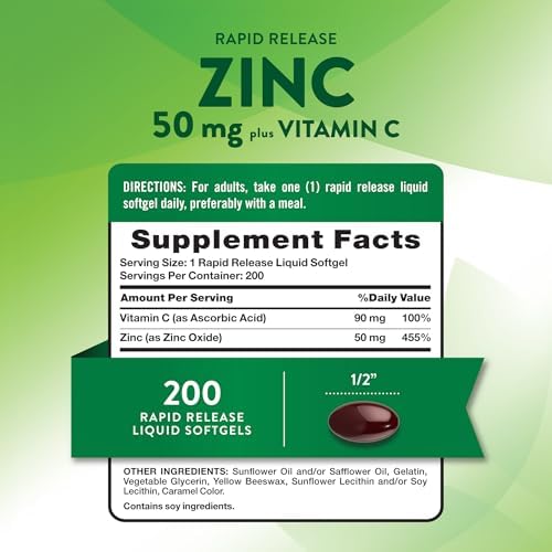 Suplemento de Zinc 50mg de Nature's Truth | con Vitamina C | 200 Cápsulas Blandas Líquidas | Sin OGM y Sin Gluten - imagen 2