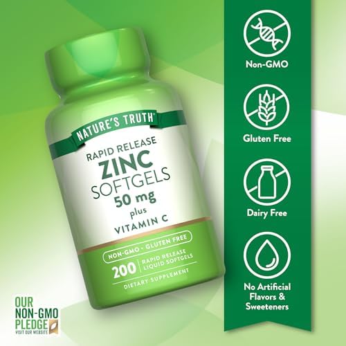 Suplemento de Zinc 50mg de Nature's Truth | con Vitamina C | 200 Cápsulas Blandas Líquidas | Sin OGM y Sin Gluten - imagen 3