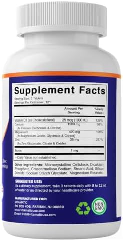 Suplemento Vitamatic de Calcio, Magnesio, Zinc, D3 y Boro | 365 Tabletas Recubiertas | Calcio 1200 mg, Magnesio 420 mg, Zinc 25 mg, Vitamina D3 1000 - imagen 8