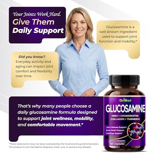 Cápsulas de Glucosamina GriMed con MSM, Condroitina, Colágeno, Cúrcuma, Ácido Hialurónico y Vitamina D3, 150 Contenidos para el Bienestar Articular - imagen 3
