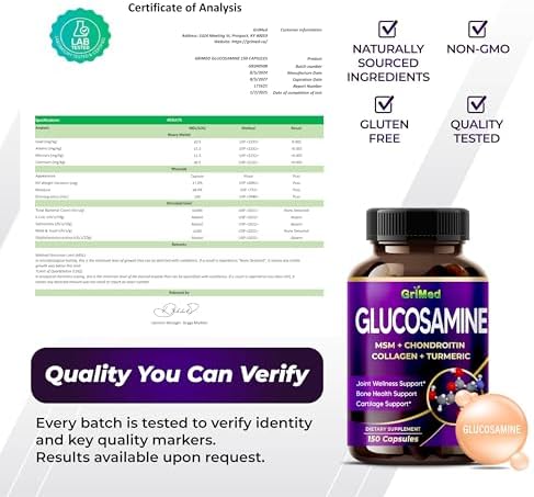 Cápsulas de Glucosamina GriMed con MSM, Condroitina, Colágeno, Cúrcuma, Ácido Hialurónico y Vitamina D3, 150 Contenidos para el Bienestar Articular - imagen 8