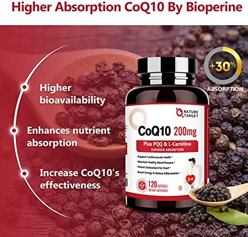 NATURE TARGET CoQ10 200mg con PQQ, L-Carnitina y Omega-3, Alta Absorción, Apoya el Corazón y Sistema Inmunológico, 120 Porciones - imagen 6