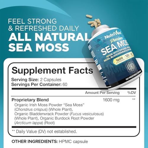Nutrivein Musgo Marino Orgánico 1600mg con Bladderwrack y Bardana - 120 Cápsulas para Adultos - Superalimento Prebiótico - Salud Inmunológica y - imagen 2