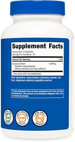 Nutricost Guarana 1000mg, 150 Cápsulas Vegetarianas - Suplemento Energizante Natural de Cafeína Brasileña - imagen 5