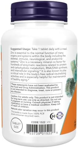 Now Foods Zinc (de 405 mg de Gluconato de Zinc), Blanco, Sin Sabor, Tabletas, 250 Conteo - imagen 3
