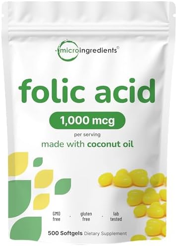 Ácido Fólico 1,000 mcg, 500 Cápsulas de Aceite de Coco (1mg) | Vitaminas Prenatales Esenciales (Vitamina B9) | 1,667 mcg DFE | Probado por Terceros, - imagen 1