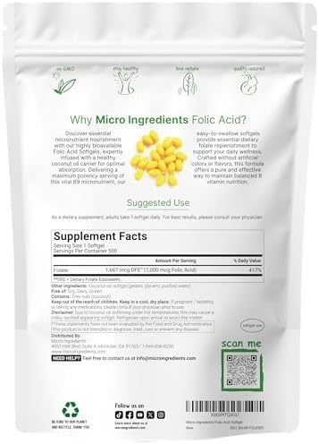 Ácido Fólico 1,000 mcg, 500 Cápsulas de Aceite de Coco (1mg) | Vitaminas Prenatales Esenciales (Vitamina B9) | 1,667 mcg DFE | Probado por Terceros, - imagen 2