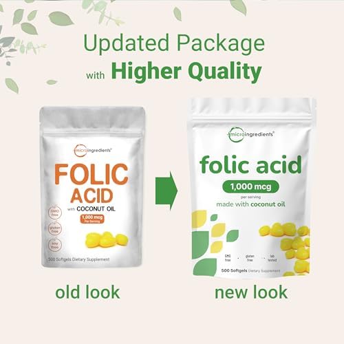 Ácido Fólico 1,000 mcg, 500 Cápsulas de Aceite de Coco (1mg) | Vitaminas Prenatales Esenciales (Vitamina B9) | 1,667 mcg DFE | Probado por Terceros, - imagen 3