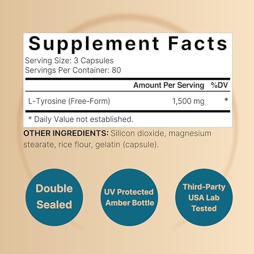 Suplemento de L-Tirosina, 1,500 mg por porción, 240 cápsulas | Aminoácidos Esenciales – Apoyo para la Salud Cerebral, Memoria y Alerta Mental – Sin - imagen 2