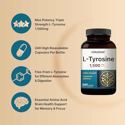 Suplemento de L-Tirosina, 1,500 mg por porción, 240 cápsulas | Aminoácidos Esenciales – Apoyo para la Salud Cerebral, Memoria y Alerta Mental – Sin - imagen 3