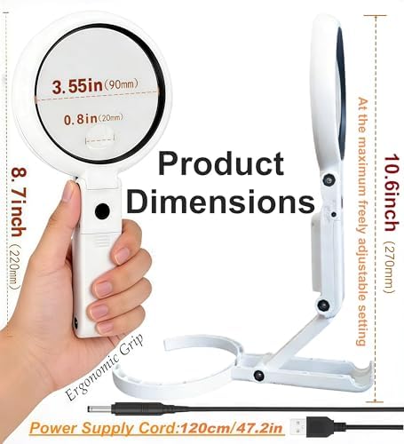 Lupa con Luz y Soporte, Lente Grande de 3.55 Pulgadas, Brazo Plegable Ligero, Lupa Iluminada con LED y Brillo Ajustable para Lectura, Trabajo - imagen 2