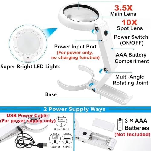 Lupa con Luz y Soporte, Lente Grande de 3.55 Pulgadas, Brazo Plegable Ligero, Lupa Iluminada con LED y Brillo Ajustable para Lectura, Trabajo - imagen 4