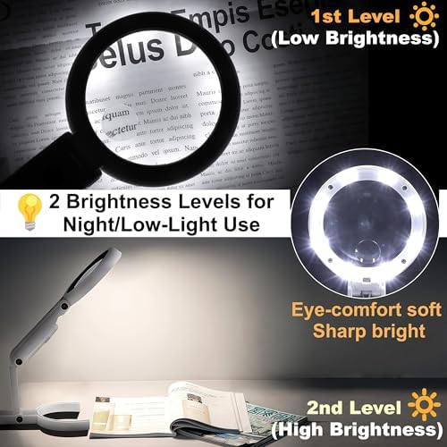 Lupa con Luz y Soporte, Lente Grande de 3.55 Pulgadas, Brazo Plegable Ligero, Lupa Iluminada con LED y Brillo Ajustable para Lectura, Trabajo - imagen 6