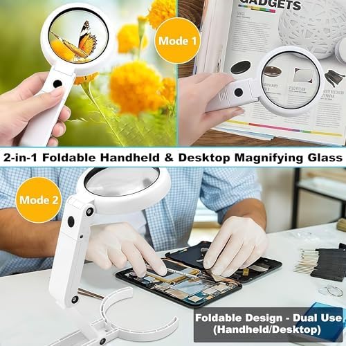 Lupa con Luz y Soporte, Lente Grande de 3.55 Pulgadas, Brazo Plegable Ligero, Lupa Iluminada con LED y Brillo Ajustable para Lectura, Trabajo - imagen 7