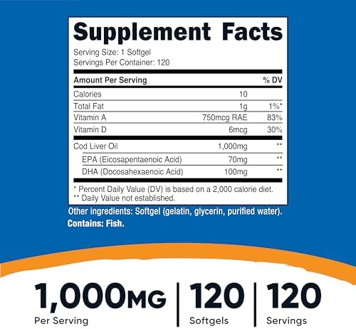 Aceite de Hígado de Bacalao Nutricost 1000mg, 120 Cápsulas Blandas - Sin OGM y Libre de Gluten - imagen 2