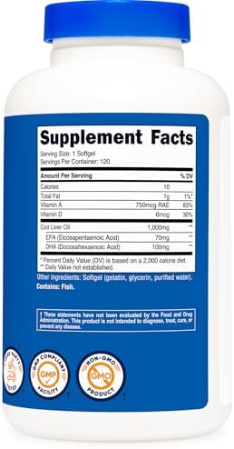 Aceite de Hígado de Bacalao Nutricost 1000mg, 120 Cápsulas Blandas - Sin OGM y Libre de Gluten - imagen 5