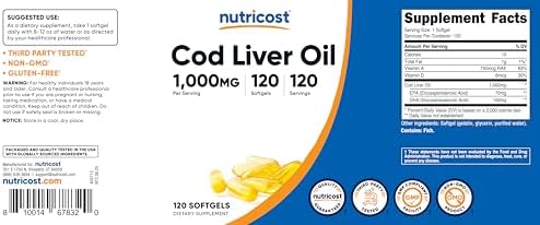 Aceite de Hígado de Bacalao Nutricost 1000mg, 120 Cápsulas Blandas - Sin OGM y Libre de Gluten - imagen 6