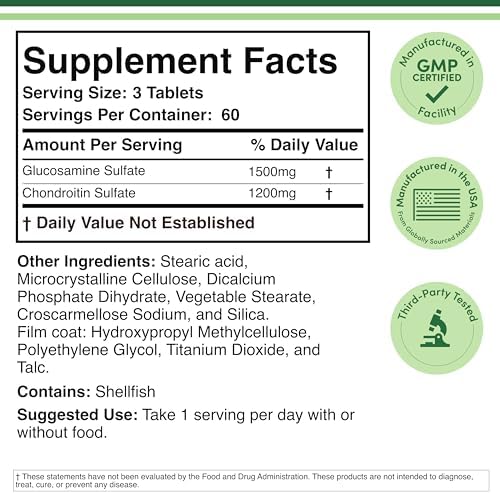 Suplemento de Soporte Articular Glucosamina Condroitina Triple Fuerza (1,500mg Glucosamina, 1,200mg Condroitina) 180 Tabletas, Libre de Gluten, No - imagen 2