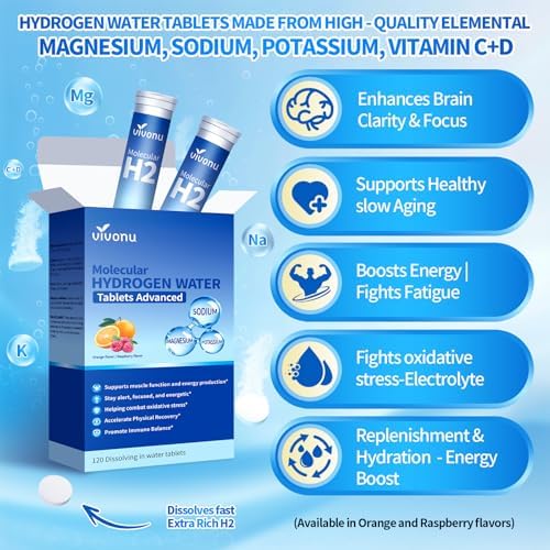 Tabletas de Agua Hidrógeno VivoNu con Electrolitos y Complejo de Magnesio, Vitamina C y D | Paquete de 2 Sabores (Naranja y Frambuesa) | Alternativa - imagen 2