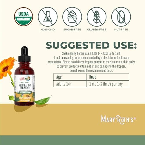 MaryRuth Organics Gotas Líquidas Orgánicas para la Salud Respiratoria con Hoja de Mullein | Raíz de Malvavisco & Saúco | Suplemento Vegano de 1 Fl Oz - imagen 3